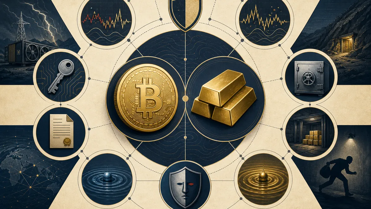 ビットコインと金のリスクをボラティリティ、保管、流動性、規制、物理保管で比較する概念図