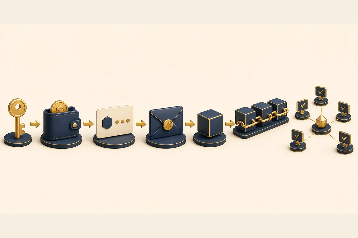 鍵、ウォレット、アドレス、取引、ブロック、チェーン、ノードの関係を示す概念図
