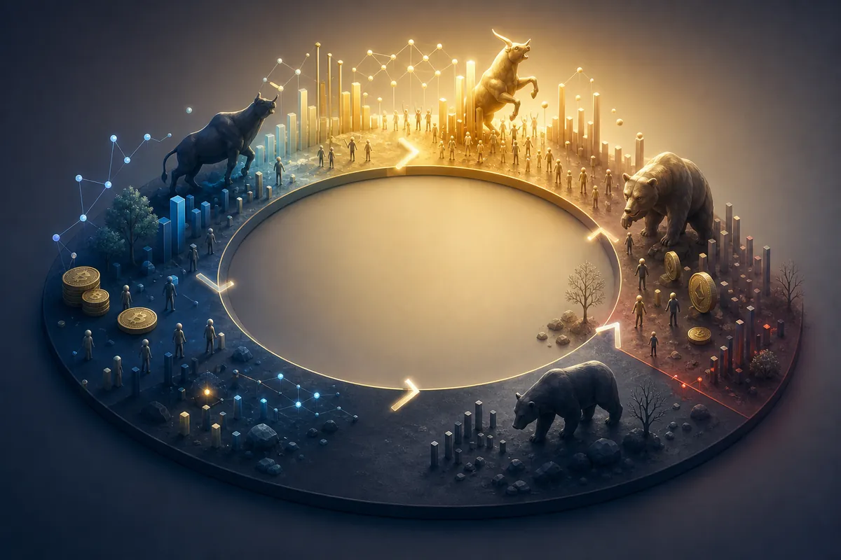 強気、過熱、分配、弱気、再蓄積へ移る市場サイクルの概念図