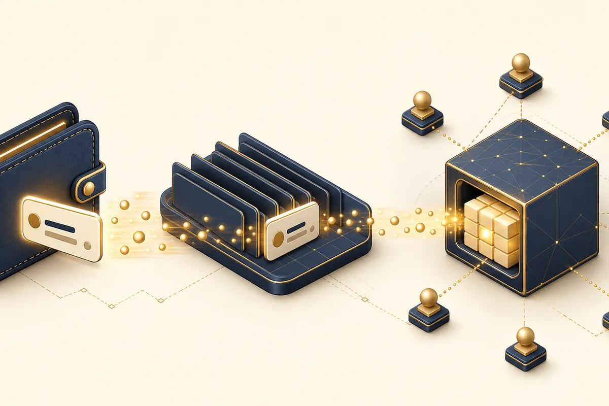 ウォレットから待ち行列を経てブロックに取り込まれる流れを示す概念図